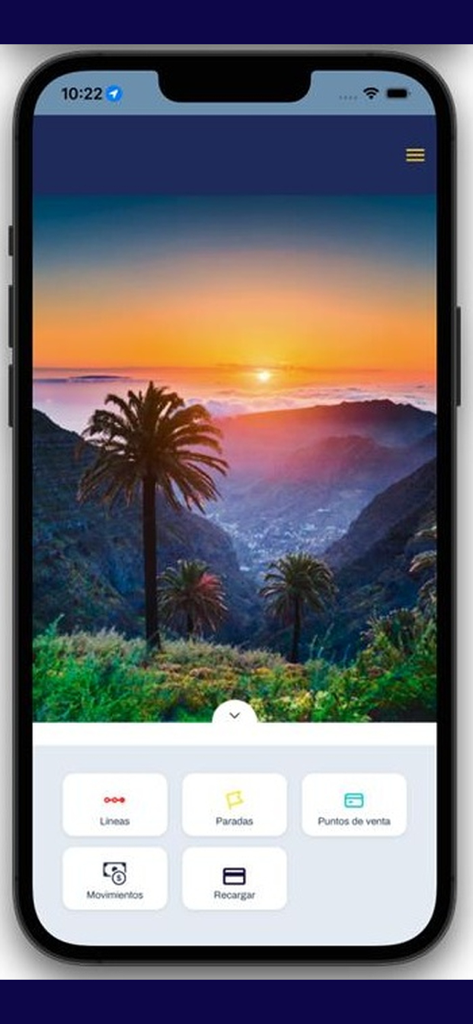 AUTGC - Panel de la aplicación de transporte AUTGC mostrando servicios de tránsito sobre un paisaje de atardecer en Gran Canaria