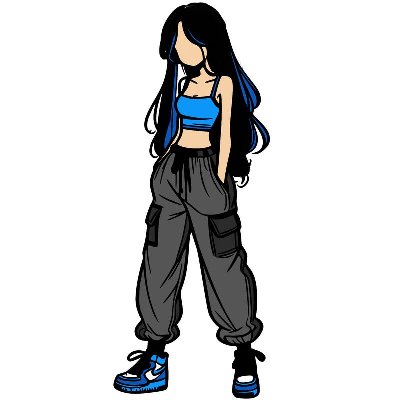 girl in baggy pants crop top and long hair