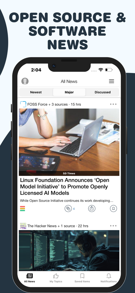 Open Source & Software News - Smartphone screen showing the Open Source and Software News app interface with a feed of technical articles.