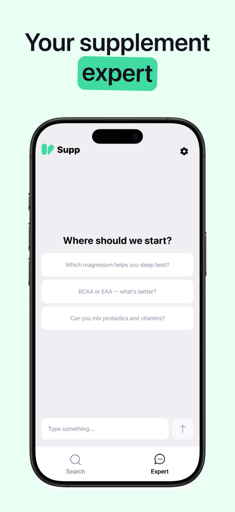 The expert chat screen of the Supp app asking where to start with supplement questions
