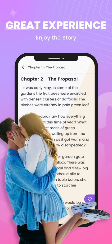 A smartphone screen showing the Yestory app reading interface with a romance story chapter and an image of a couple kissing.