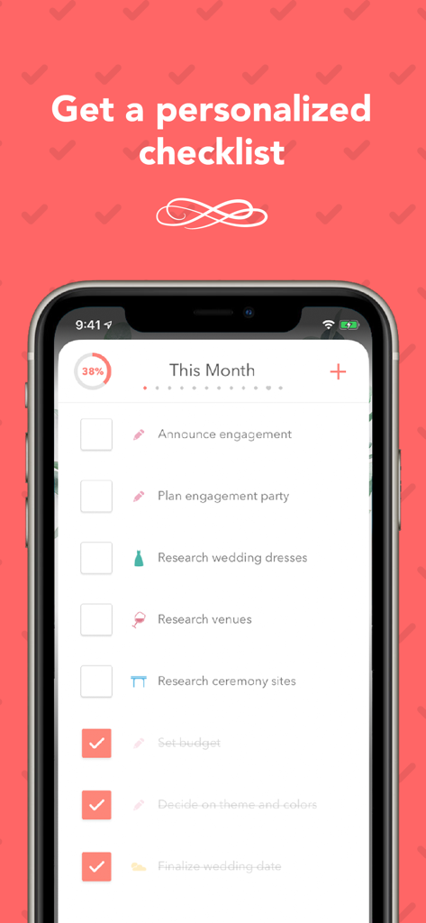 Écran iPhone montrant une application de planification de mariage avec une liste de contrôle mensuelle personnalisée et la progression des tâches.