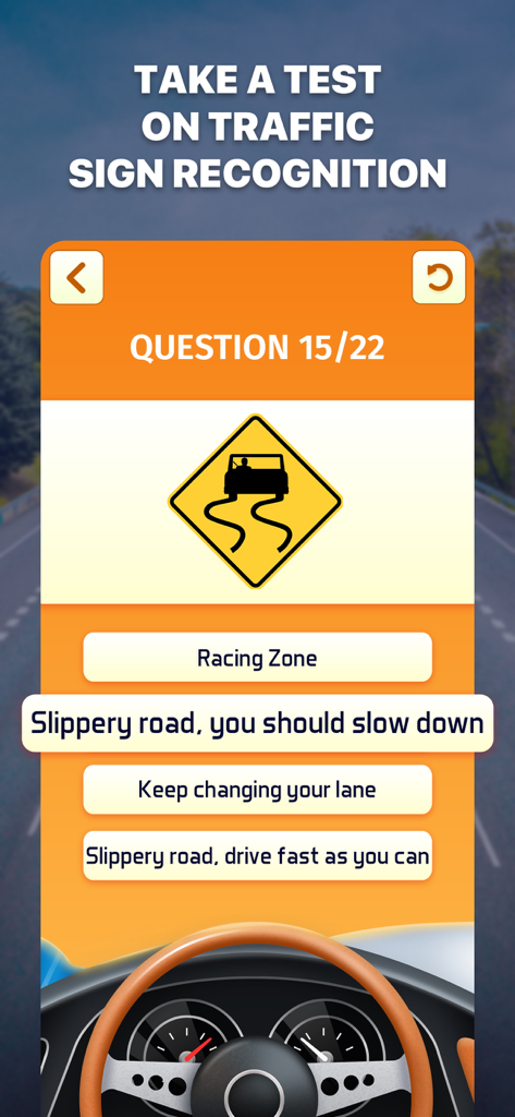 Road Signs AI: Test & Theory - A mobile app interface showing a multiple-choice question for identifying a slippery road sign during a traffic test.
