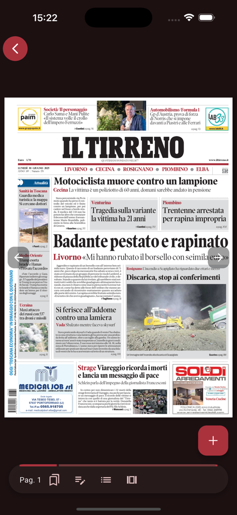 Il Tirreno - La prima pagina digitale del quotidiano Il Tirreno mostrata nel lettore dell'app mobile