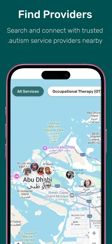 AuTie: Together for Autism - AuTie app search screen showing a map of local autism service providers