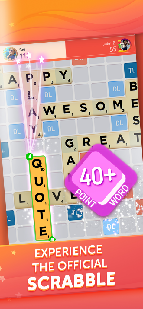 Gameplay of Scrabble GO showing a forty plus point word on the official board