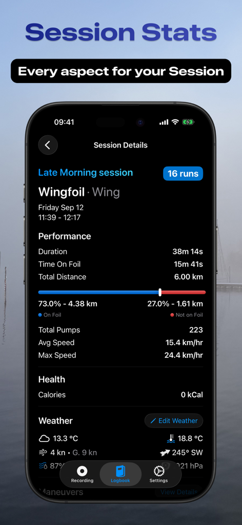 iPhone screen displaying detailed wingfoil session statistics including time on foil speed and pump count in the FoilMotion app