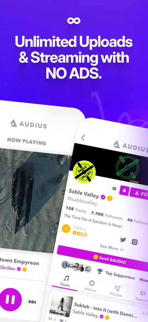Audius app interface showcasing ad-free music streaming and a verified artist profile page for Sable Valley.