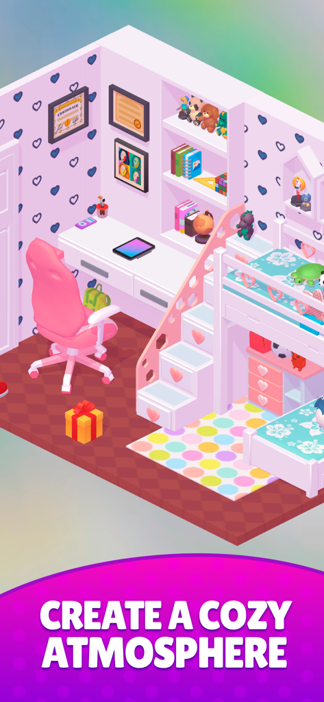 Decor Life - Home Design Game - Decor Lifeの、ゲーミングチェアと二段ベッドのある、居心地の良いピンクの寝室デザインのアイソメトリックビュー。