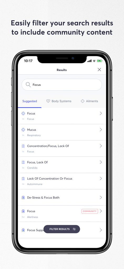 The Essential Life - Oil Guide - Screenshot of the search results screen in The Essential Life app showing oil solutions for focus and community content filters