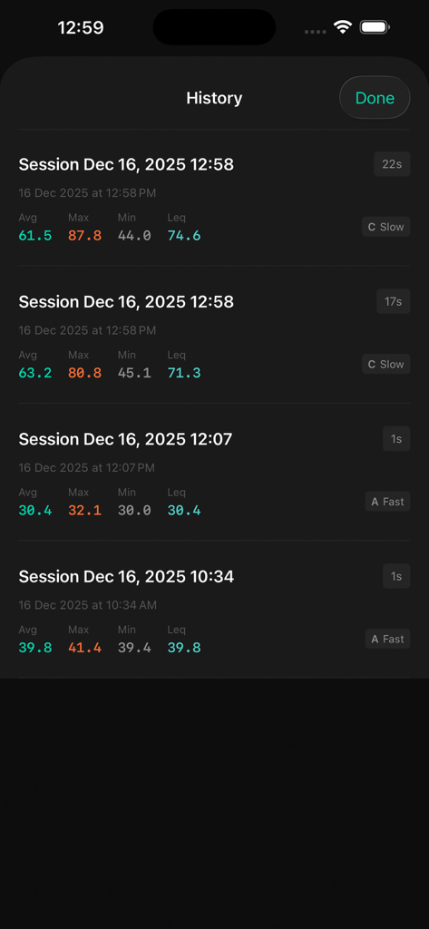 A history log of recorded sound level sessions showing average and peak noise measurements