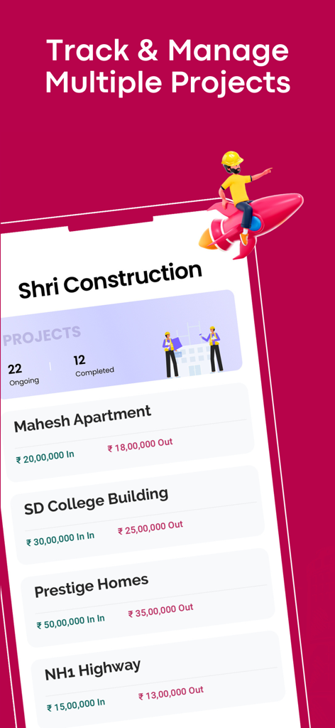Panel de control de la App de Construcción Onsite mostrando el seguimiento de múltiples proyectos con resúmenes financieros para contratistas