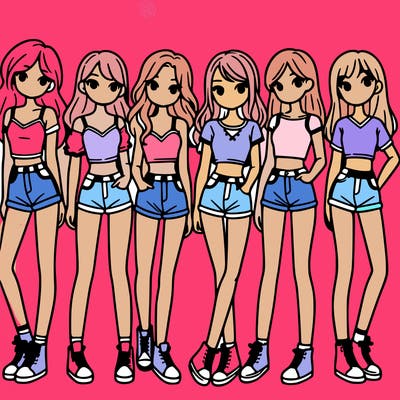 a group of girls wearing crop tops and shorts