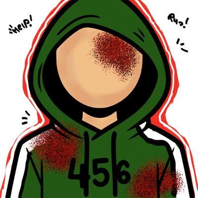 a person with non face waering a hoodie with a 456 symbol