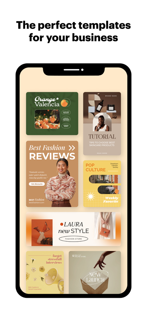 A collection of professional graphic design templates for business social media posts displayed on a smartphone.