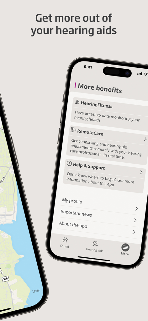 A smartphone interface showing the Oticon Companion app menu with features like HearingFitness and RemoteCare and a map display