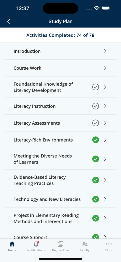 The study plan interface in the myWGU mobile app displaying course activity progress and completed tasks.
