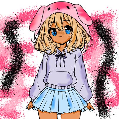pretty anime girl wearing a fluffy hoodie with bunny ears on the hood and a skirt