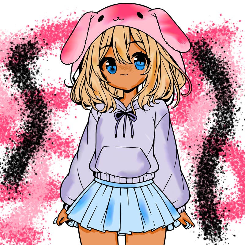 pretty anime girl wearing a fluffy hoodie with bunny ears on the hood and a skirt