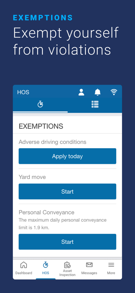 Geotab Drive app interface showing Hours of Service exemptions for commercial drivers