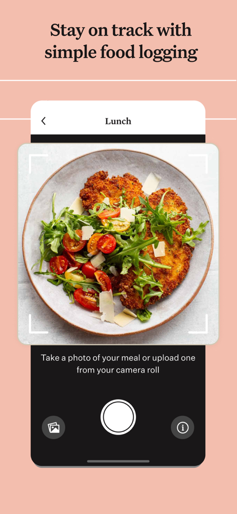 Interface de l'application mobile Noom montrant une journalisation alimentaire simple en prenant une photo d'un repas