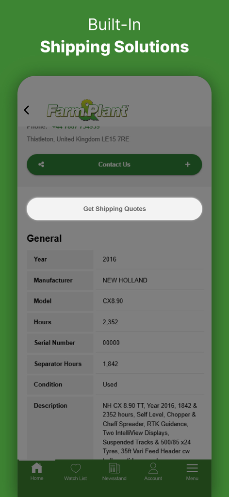 Farm And Plant - Pantalla de la aplicación móvil que muestra un anuncio de cosechadora usada con un botón incorporado para cotizaciones de envío y especificaciones de la máquina.