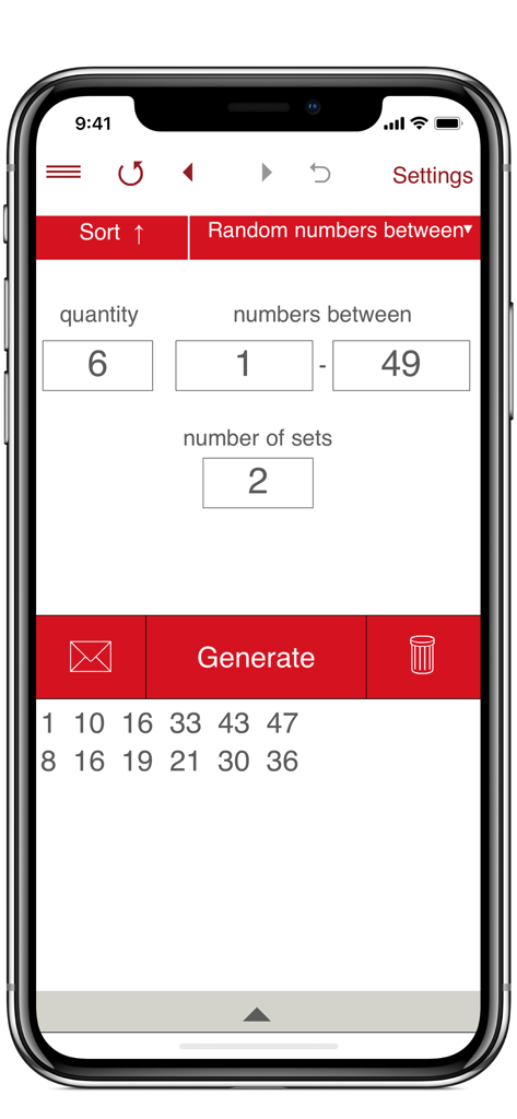 Interfaz de la aplicación Random Number Generator que muestra dos conjuntos de números generados entre 1 y 49
