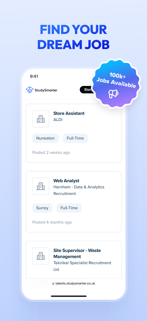 Vaia: AI Flashcards. Study App - Vaia app screen showing available student job listings and career search