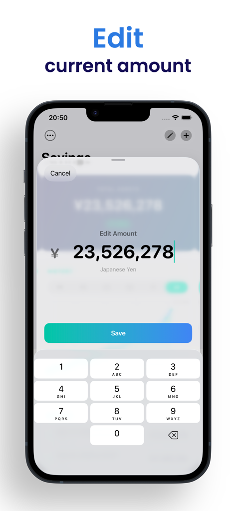 Savings - Track Your Money - Interface of the Savings app showing the quick-adjust screen to edit the current amount of savings with a numeric keypad