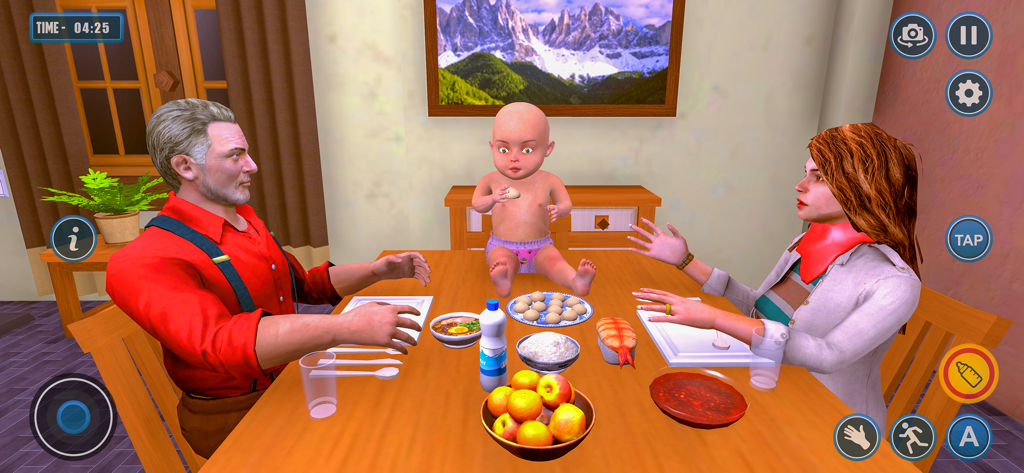 Virtual Baby and Mom Simulator - Una simulación en 3D de una familia virtual que incluye una madre, un padre y un bebé sentados a una mesa.