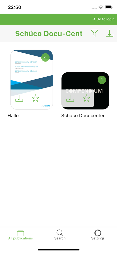 Docu Center - Die Benutzeroberfläche der mobilen App Schüco Docu Center, die eine Bibliothek technischer Architekturhandbücher und Dokumente anzeigt
