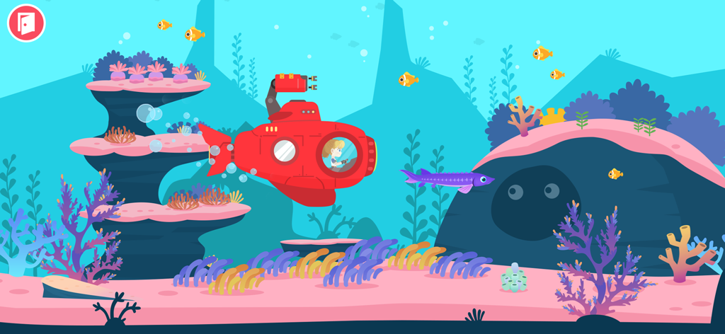 Un sous-marin rouge explorant un récif corallien coloré et un monde sous-marin
