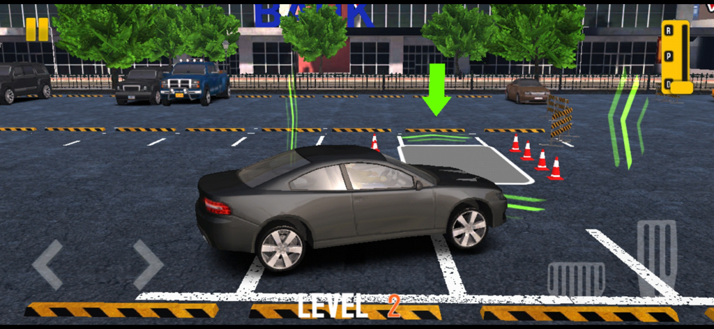 Car Games : Car Dr Parking - A 3D car parking simulation showing a gray car maneuvering into a parking spot with mobile game controls.