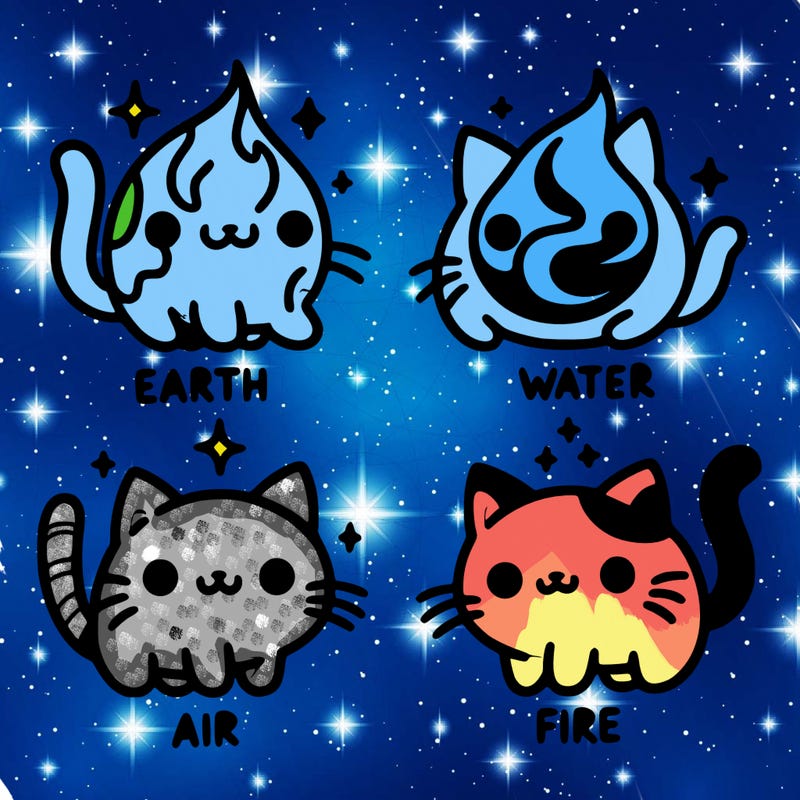 4 cats that represent the different elements, earth, water, air, and fire
