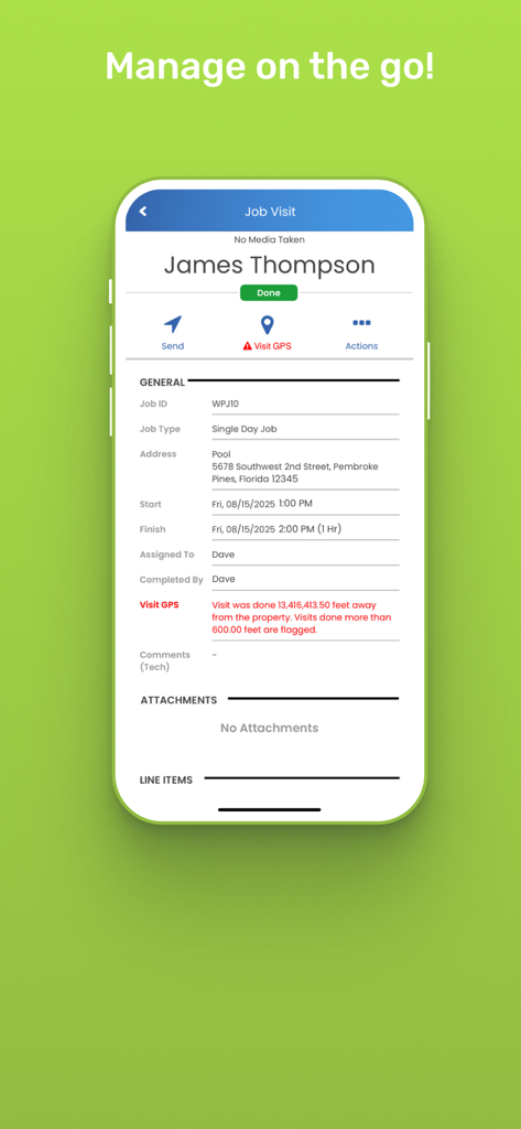 Pool Service Software - Mobile app interface showing job visit details and GPS verification for pool maintenance