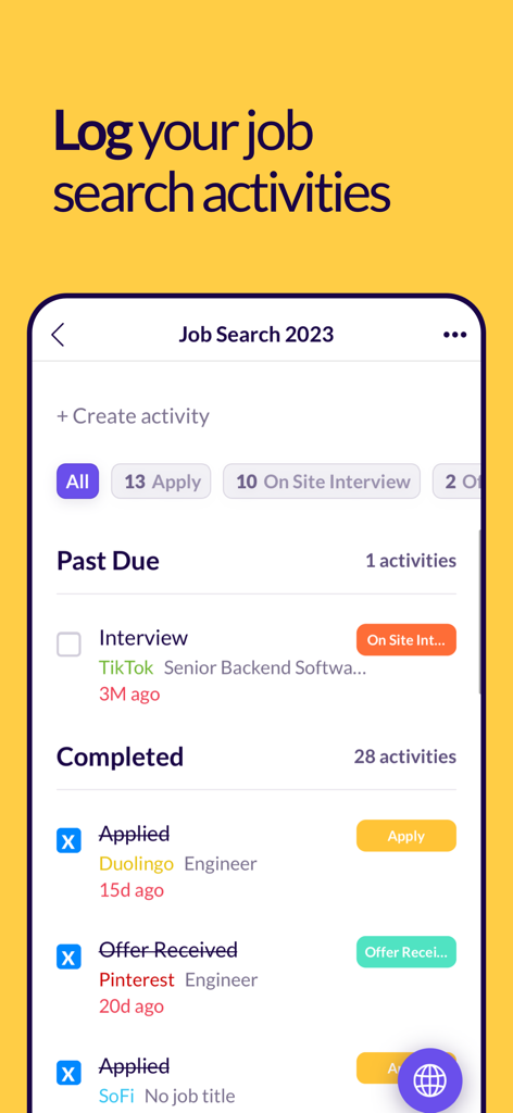 Schermata mobile che mostra un registro delle attività di ricerca di lavoro, comprese le posizioni a cui ci si è candidati e lo stato del colloquio