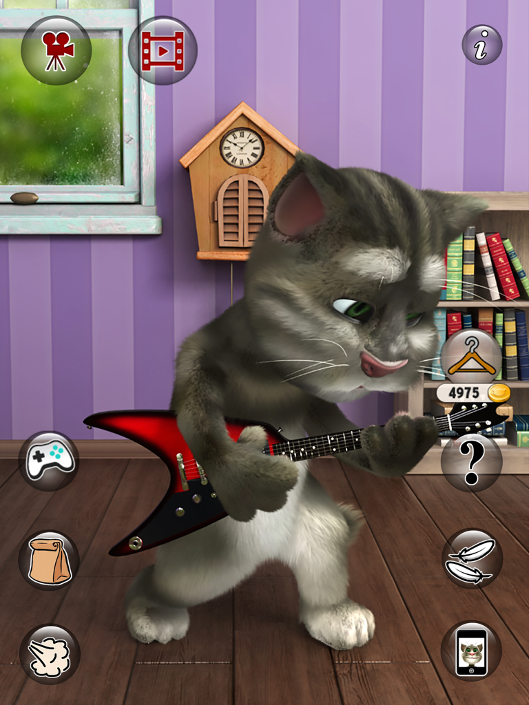 Talking Tom playing a red and black electric guitar in his room