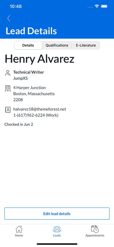 Cvent LeadCapture - Cvent LeadCapture app screen displaying lead contact information and professional details.