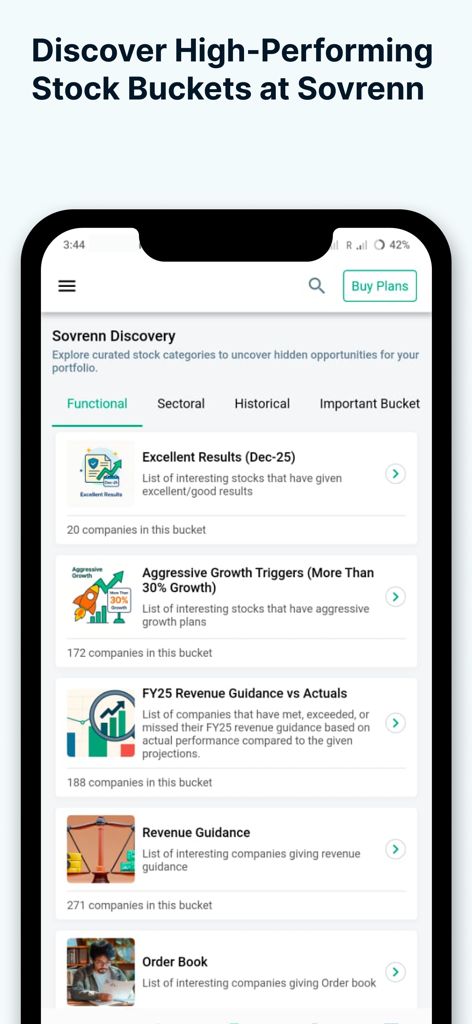 Sovrenn - Pantalla de la aplicación móvil Sovrenn que muestra categorías curadas de descubrimiento de acciones y disparadores de crecimiento de rendimiento.