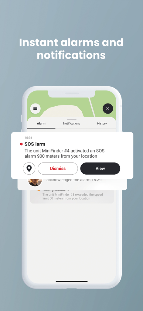 MiniFinder Live - GPS Tracking - A smartphone screen displaying an SOS alarm notification with a map location in the MiniFinder Live app.