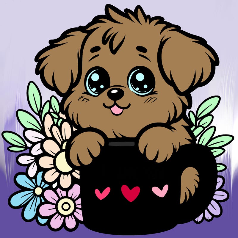 a really cute puppy holding a thank you for support mug with flowers everywhere
