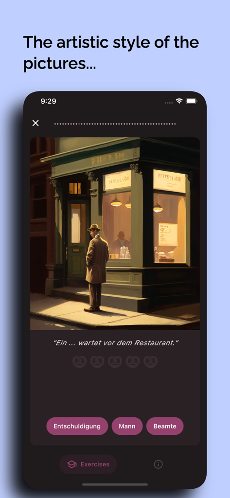 Un ejercicio interactivo de vocabulario alemán con una ilustración artística de un hombre parado frente a una tienda