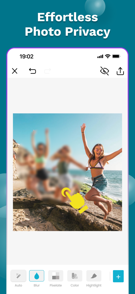 Auto Blur Face: Redact Privacy - iPhone app interface showing a user blurring faces in a beach photo with the Auto Blur Face tool for privacy redaction.