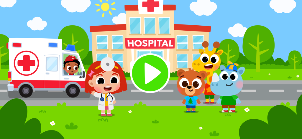 Doctor Kiko - Doctor Kiko de pie frente a un colorido hospital de animales con una ambulancia y pacientes animales