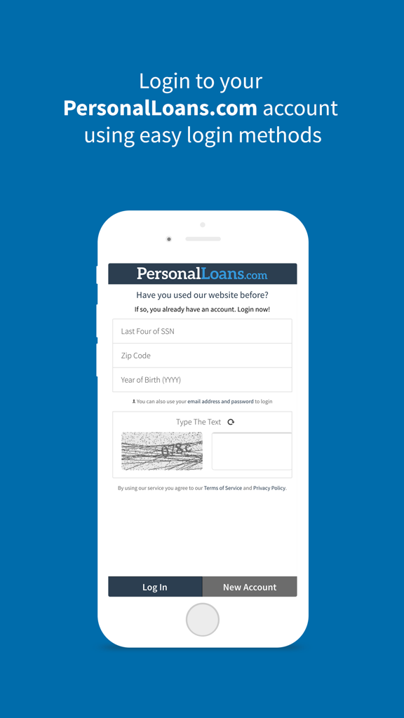 Interface de login do aplicativo Empréstimos Pessoais Mobile em uma tela de iPhone mostrando campos de login seguros.
