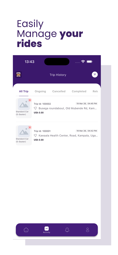 Mobile interface of Zuri Ride app showing a detailed list of trip history and ride management options.
