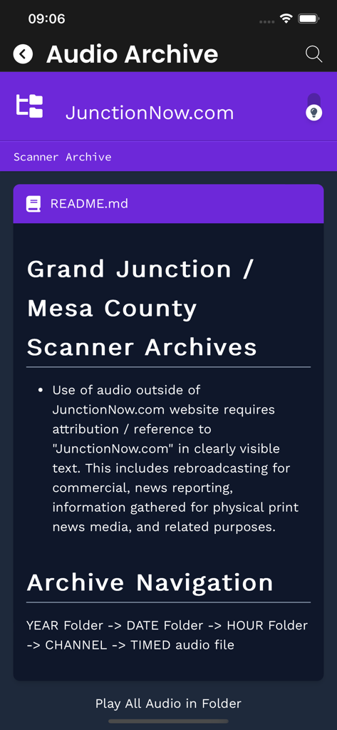 JunctionNow - JunctionNow app interface showing the police scanner audio archives for Grand Junction and Mesa County.