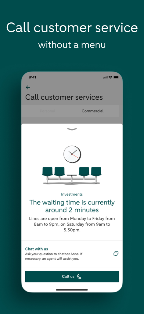 Tela do aplicativo móvel ABN AMRO mostrando um recurso de atendimento ao cliente que exibe tempos de espera em tempo real e opções de chamada direta.