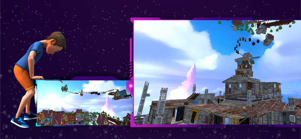 Only Parkour : Climb Up & Jump - Gameplay-Screenshot von Nur Parkour, der schwebende Holzstrukturen und Hindernisse zeigt, die in den Himmel ragen