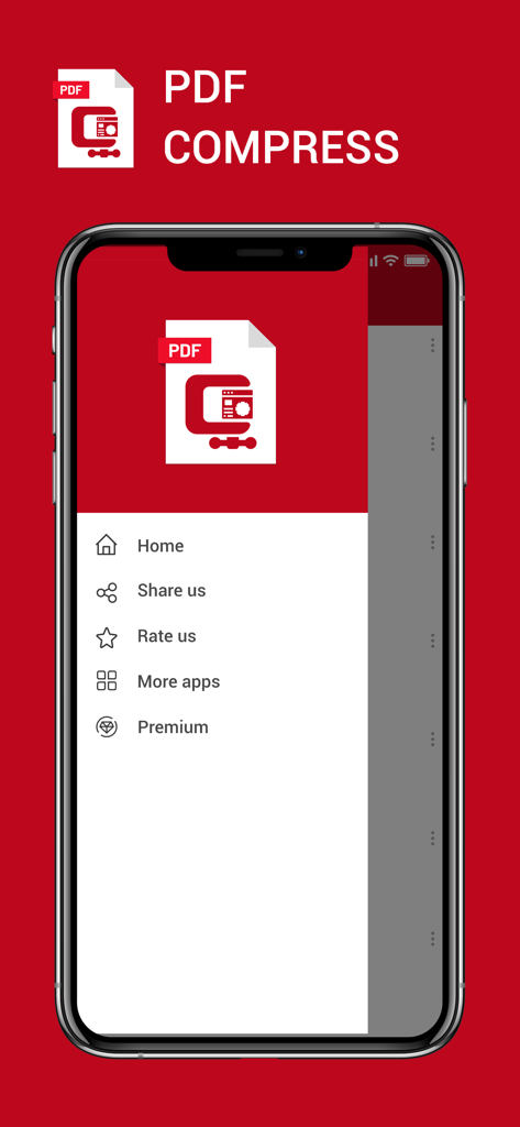 ホーム、共有、プレミアムなどのオプションが表示されたPDF圧縮アプリのナビゲーションメニューを示すモバイル画面。